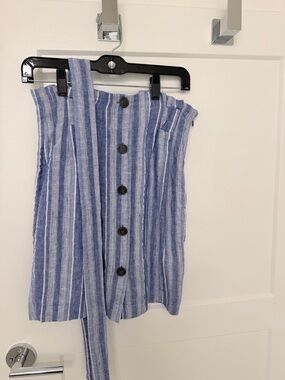 H&M Blue and White Striped Mini Skirt with Front Buttons and Waist Tie